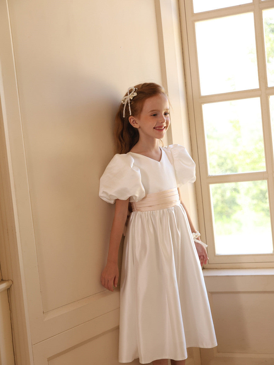 Robes de Demoiselle D'Honneur en Satin à Col en V et Manches Courtes, Coupe A-Line/Princess