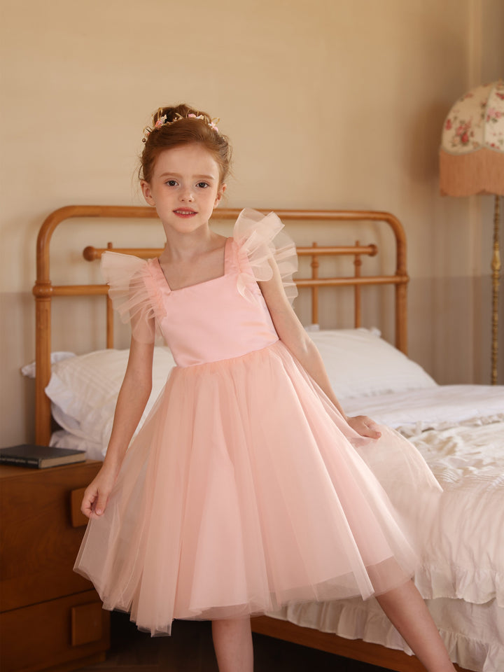 Robe de Bal en Satin Tulle à Encolure Carrée Sans Manches, Longueur Thé, Robes de Demoiselle D'Honneur Blanches Froncées