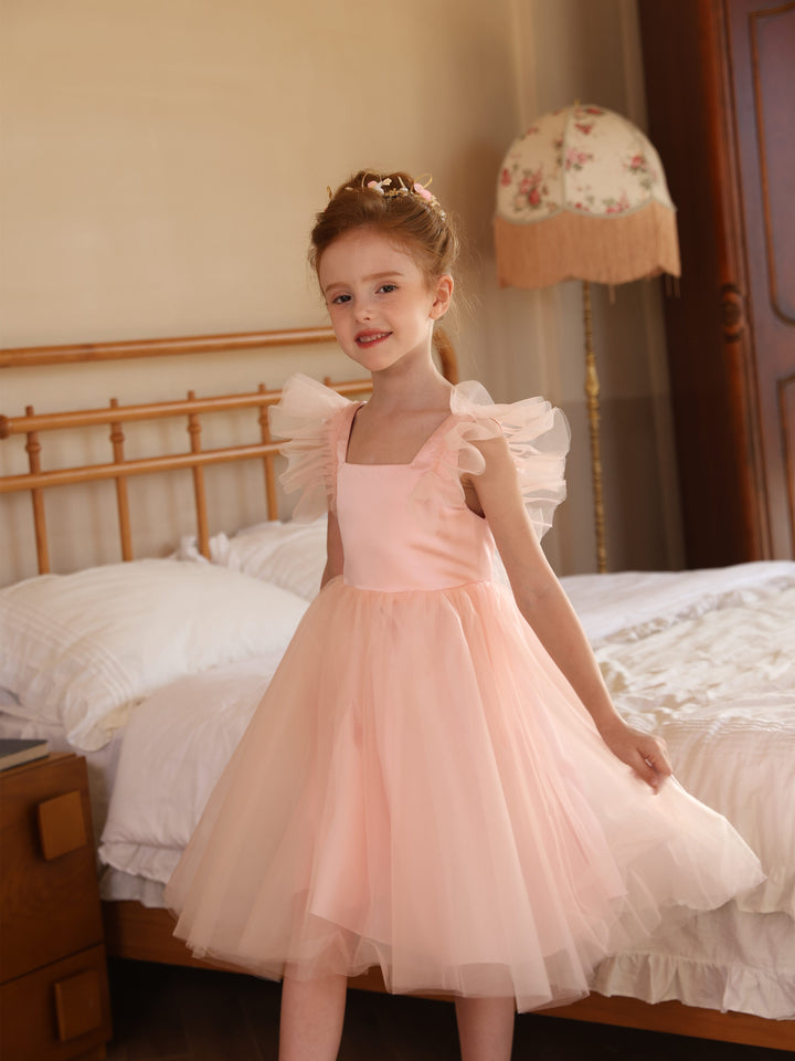 Robe de Bal en Satin Tulle à Encolure Carrée Sans Manches, Longueur Thé, Robes de Demoiselle D'Honneur Blanches Froncées
