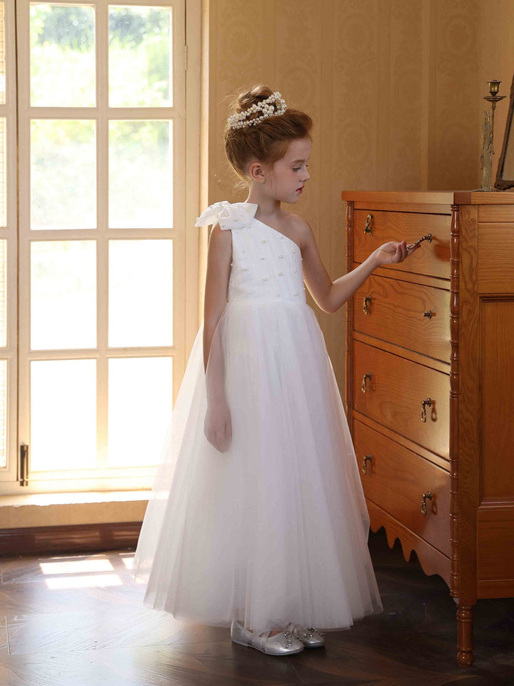 Robe de Bal en Satin Tulle à Une Épaule Sans Manches Longueur Cheville Robes de Demoiselle D'Honneur avec Nœud Papillon