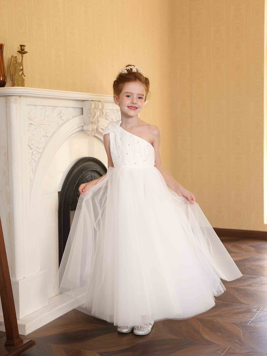 Robe de Bal en Satin Tulle à Une Épaule Sans Manches Longueur Cheville Robes de Demoiselle D'Honneur avec Nœud Papillon
