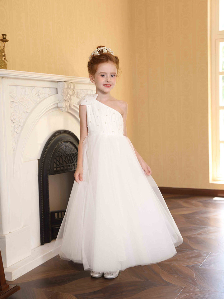 Robe de Bal en Satin Tulle à Une Épaule Sans Manches Longueur Cheville Robes de Demoiselle D'Honneur avec Nœud Papillon