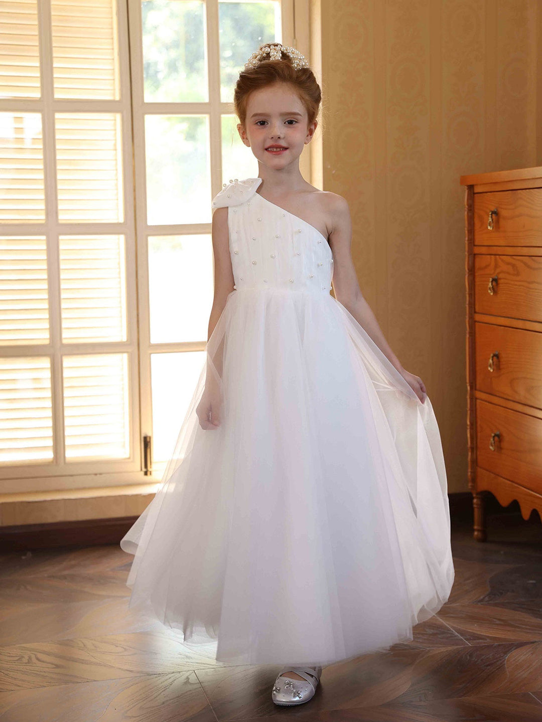Robe de Bal en Satin Tulle à Une Épaule Sans Manches Longueur Cheville Robes de Demoiselle D'Honneur avec Nœud Papillon