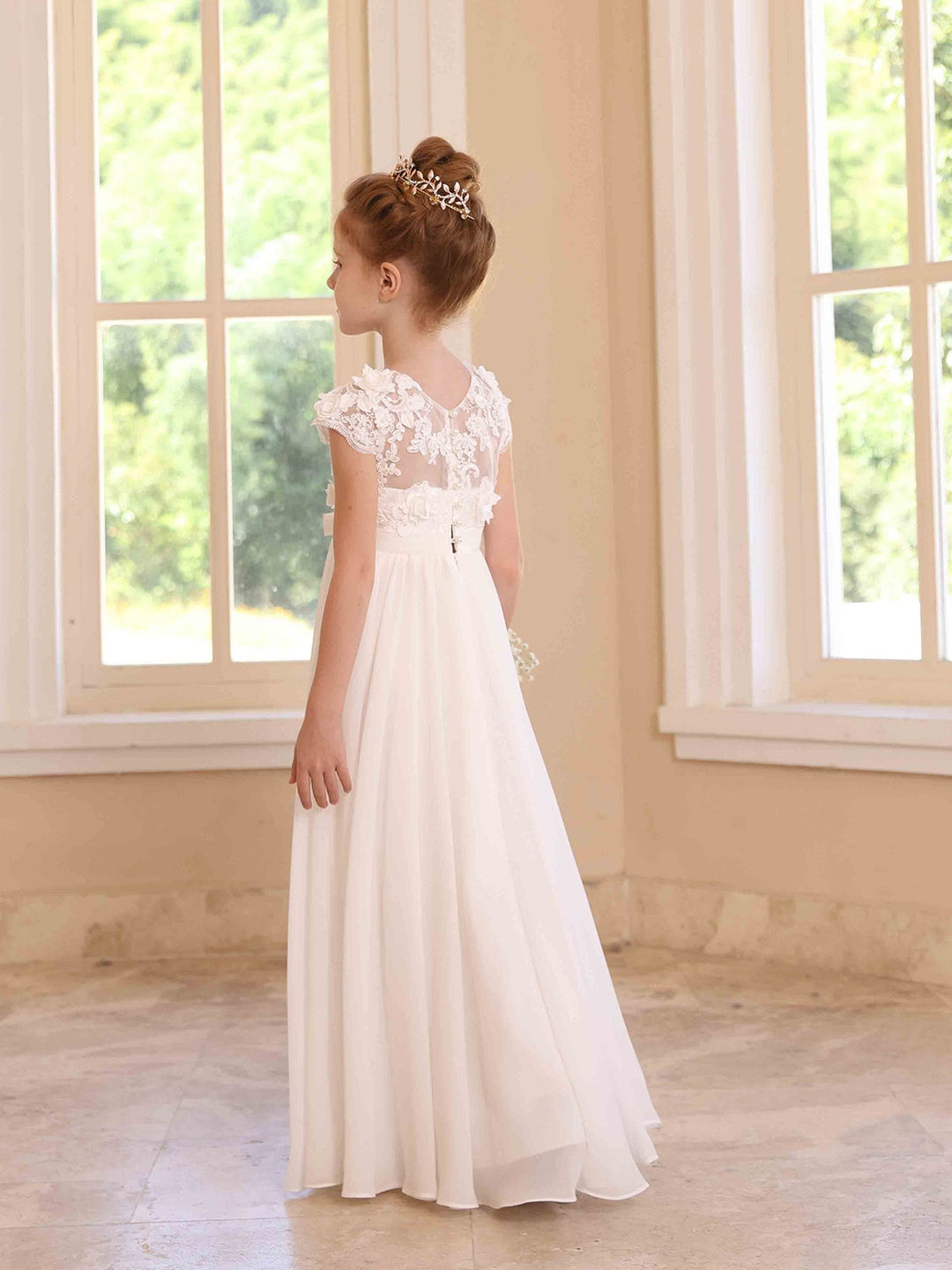 Robe de Demoiselle D'Honneur en Satin à Manches Courtes et Col en V, Coupe Princesse, Longueur Au Sol, en Dentelle Blanche