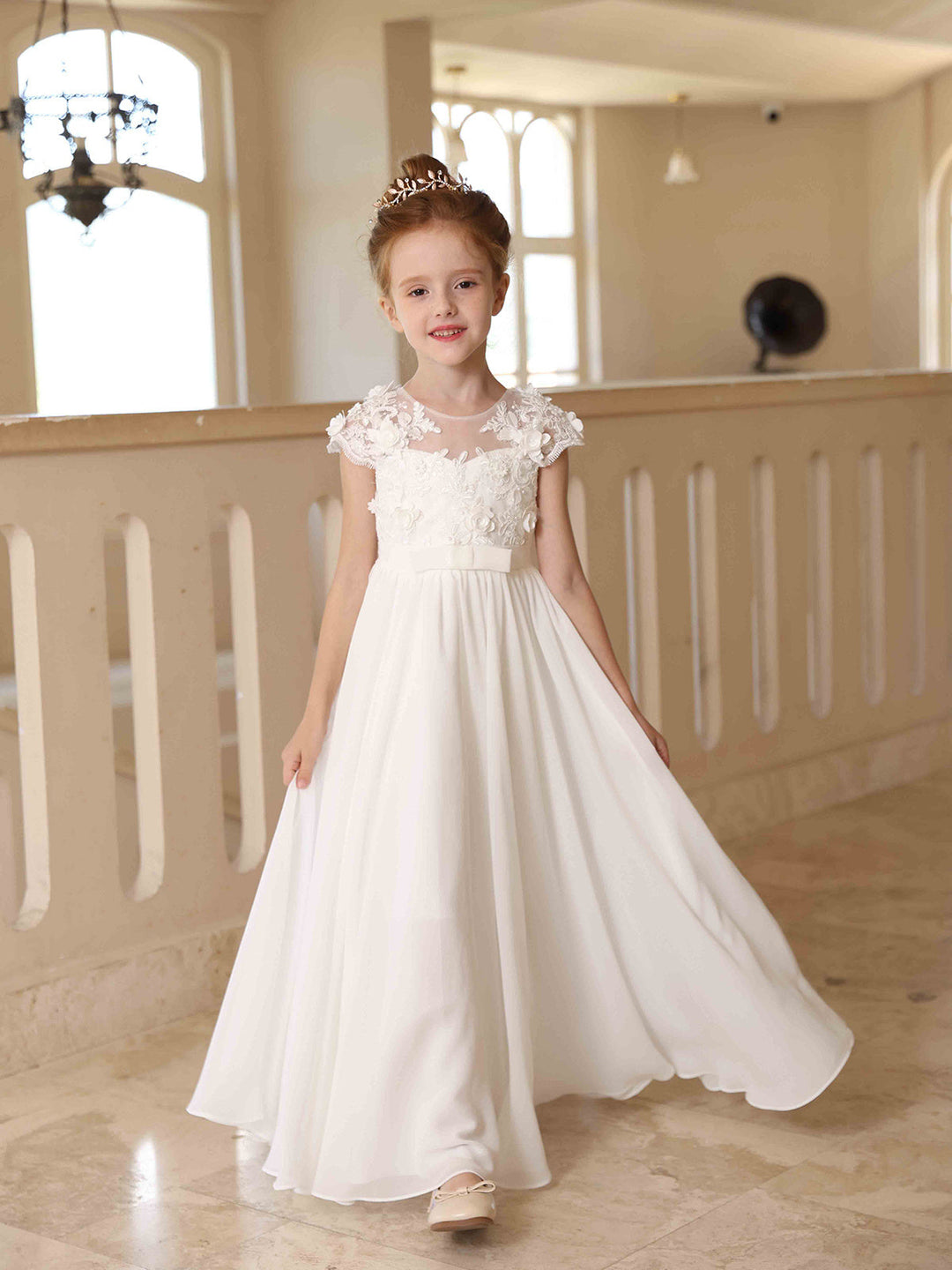 Robe de Demoiselle D'Honneur en Satin à Manches Courtes et Col en V, Coupe Princesse, Longueur Au Sol, en Dentelle Blanche
