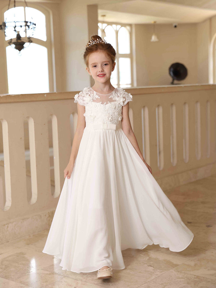 Robe de Demoiselle D'Honneur en Satin à Manches Courtes et Col en V, Coupe Princesse, Longueur Au Sol, en Dentelle Blanche