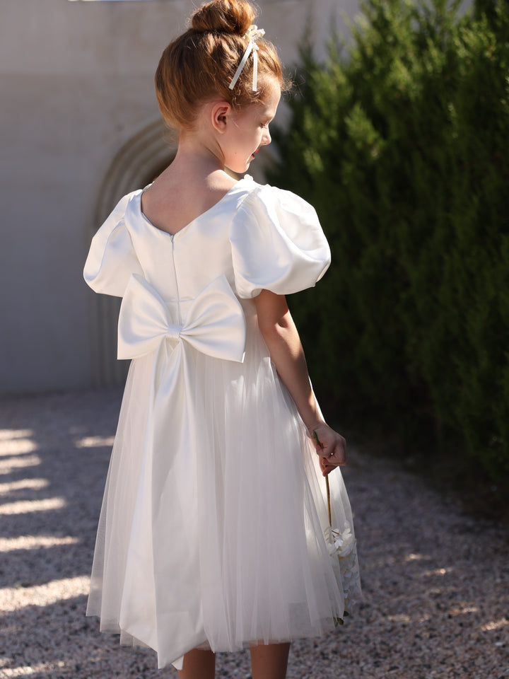 Robe de Bal en Satin Tulle à Encolure Dégagée, Manches Courtes, Longueur Thé, Robes de Demoiselle D'Honneur avec Nœud