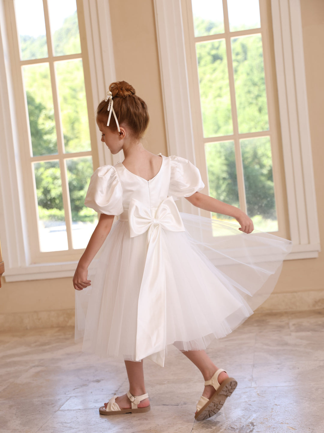 Robe de Bal en Satin Tulle à Encolure Dégagée, Manches Courtes, Longueur Thé, Robes de Demoiselle D'Honneur avec Nœud