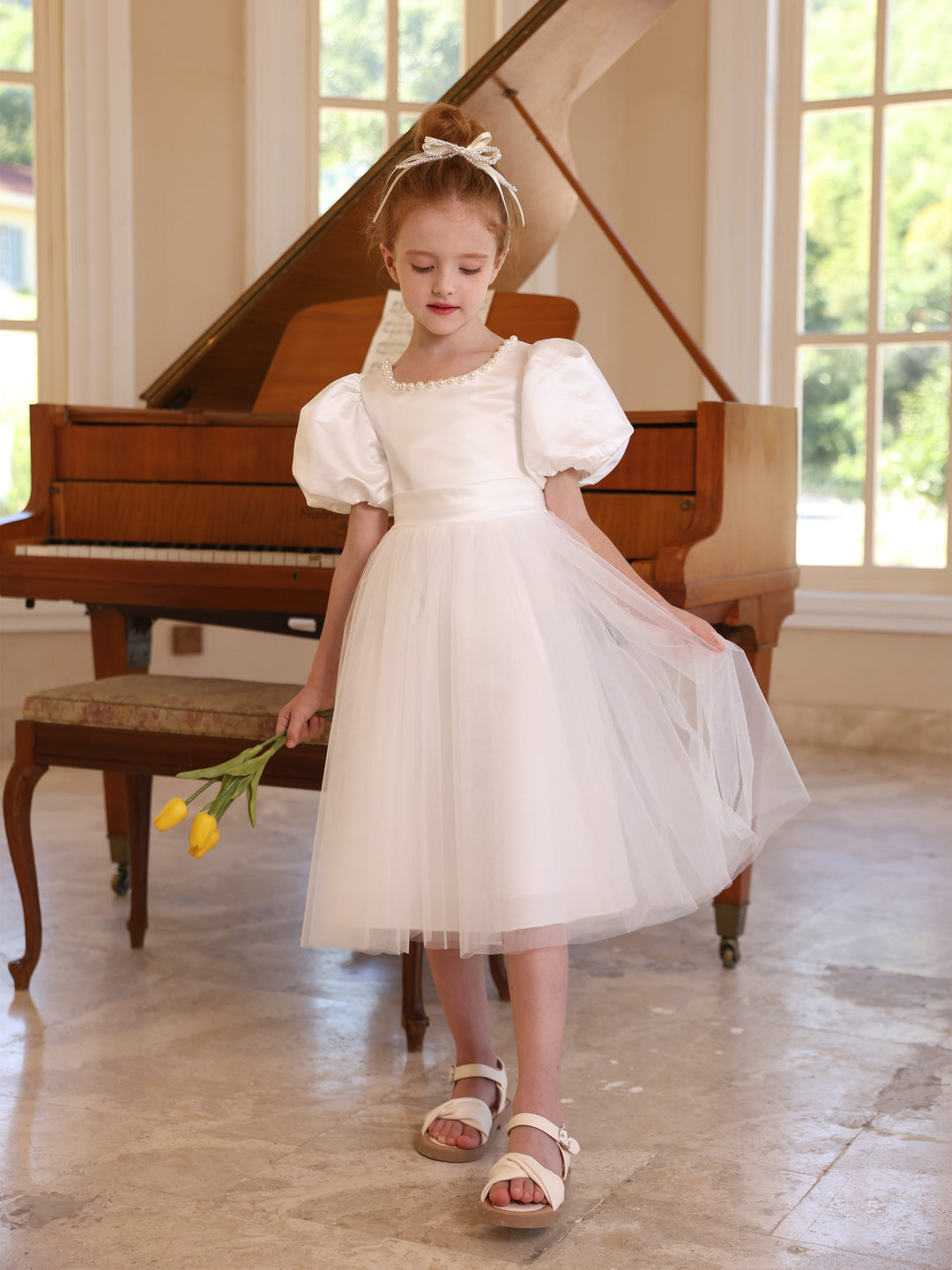 Robe de Bal en Satin Tulle à Encolure Dégagée, Manches Courtes, Longueur Thé, Robes de Demoiselle D'Honneur avec Nœud