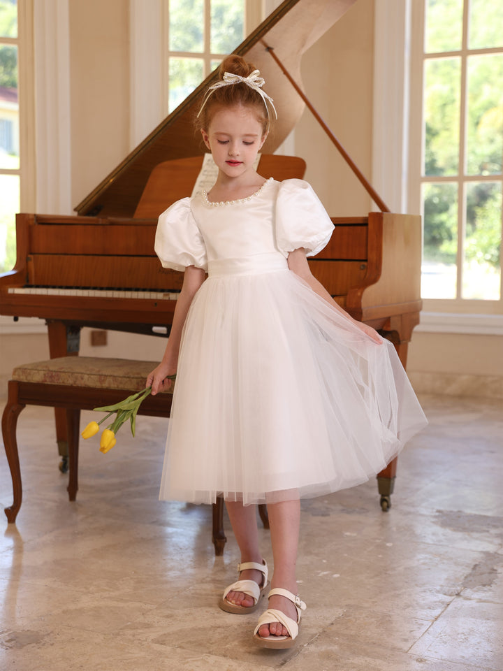 Robe de Bal en Satin Tulle à Encolure Dégagée, Manches Courtes, Longueur Thé, Robes de Demoiselle D'Honneur avec Nœud