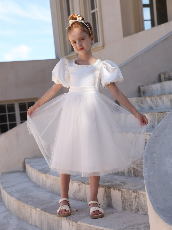 Robe de Bal en Satin Tulle à Encolure Dégagée, Manches Courtes, Longueur Thé, Robes de Demoiselle D'Honneur avec Nœud