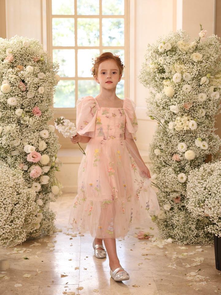 Robe de Bal en Satin Tulle à Encolure Dégagée Sans Manches Au Sol Robes de Demoiselle D'Honneur avec Fleur