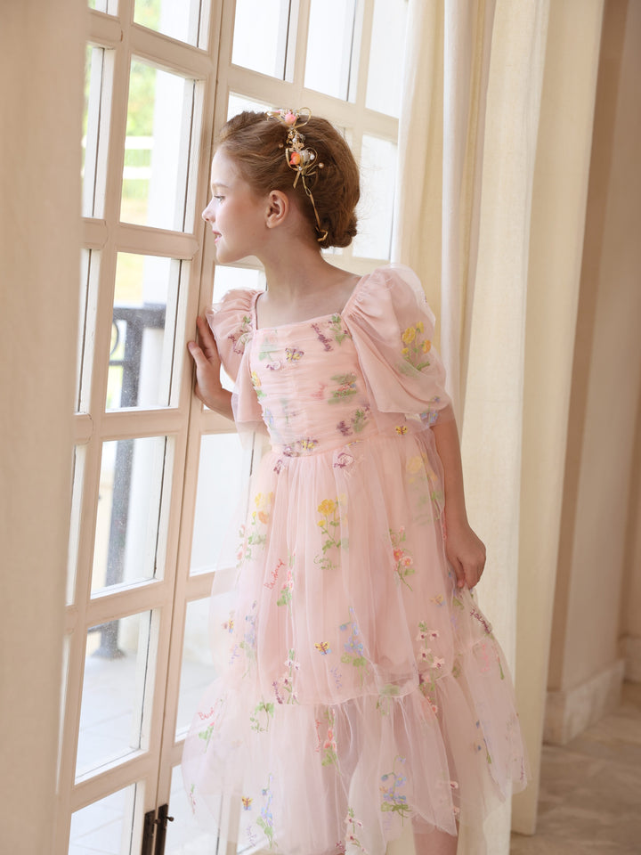 Robe de Bal en Satin Tulle à Encolure Dégagée Sans Manches Au Sol Robes de Demoiselle D'Honneur avec Fleur