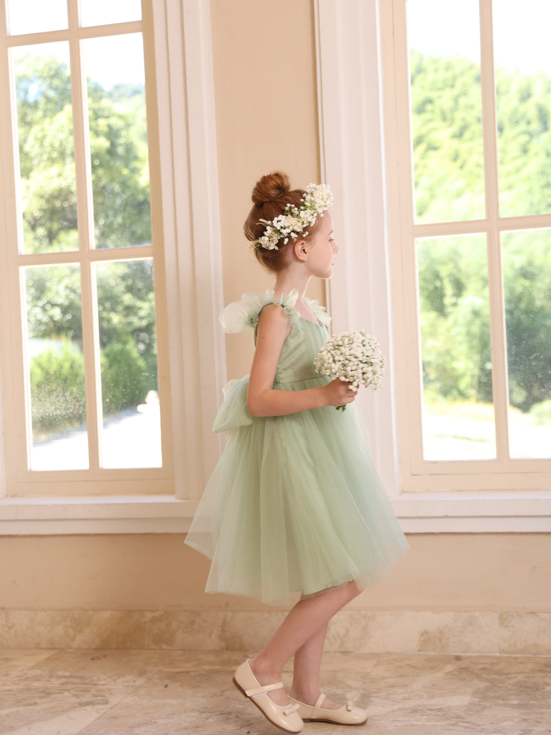 Robe de Bal à Col Carré Sans Manches Au Genou pour Fille de Fleur avec Couleur Pure