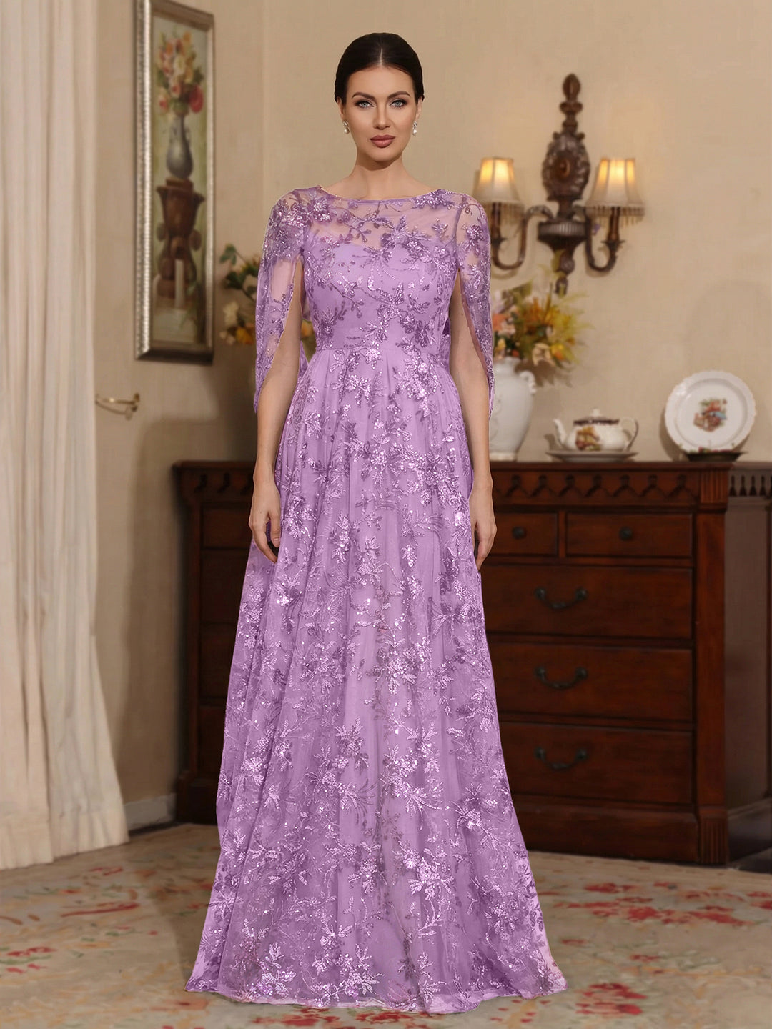 Ligne A/Princesse Scoop Dentelle Robes Mère de La Mariée Manches Cape Floral