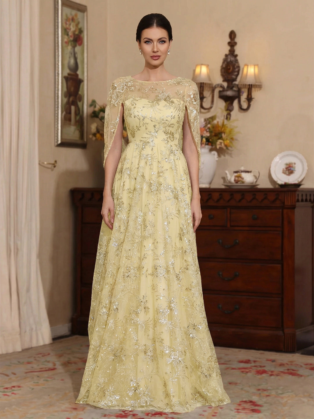 Ligne A/Princesse Scoop Dentelle Robes Mère de La Mariée Manches Cape Floral