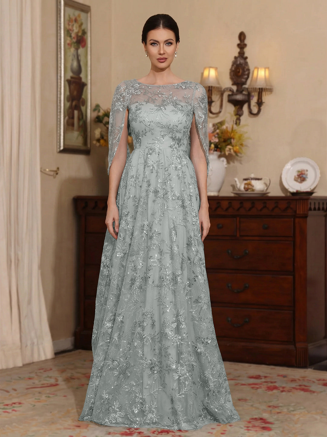Ligne A/Princesse Scoop Dentelle Robes Mère de La Mariée Manches Cape Floral