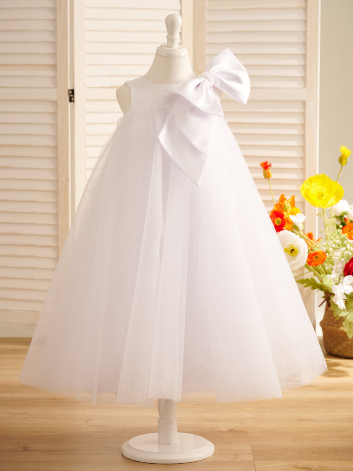 Robe de Demoiselle D'Honneur en Tulle à Gros Nœud, Coupe Trapèze, Longueur Thé, pour Petite Fille