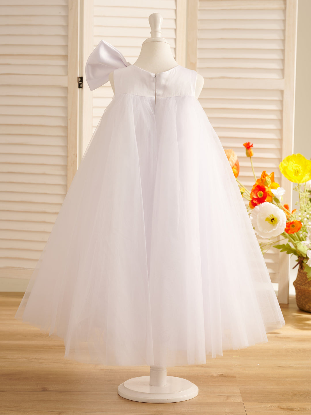 Robe de Demoiselle D'Honneur en Tulle à Gros Nœud, Coupe Trapèze, Longueur Thé, pour Petite Fille