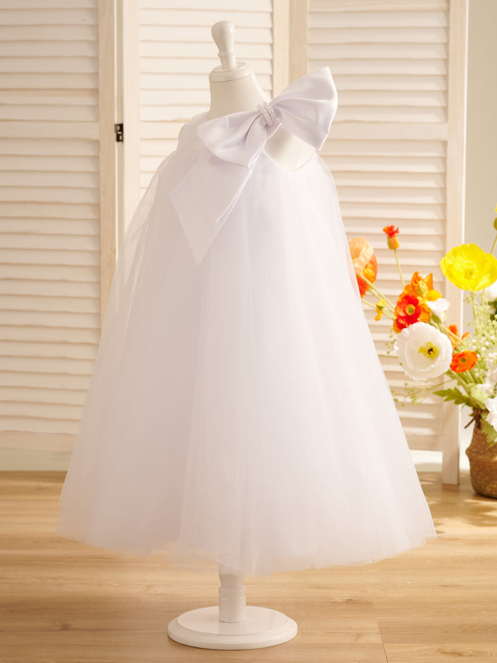 Robe de Demoiselle D'Honneur en Tulle à Gros Nœud, Coupe Trapèze, Longueur Thé, pour Petite Fille