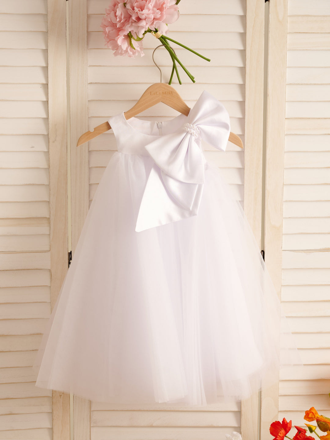 Robe de Demoiselle D'Honneur en Tulle à Gros Nœud, Coupe Trapèze, Longueur Thé, pour Petite Fille