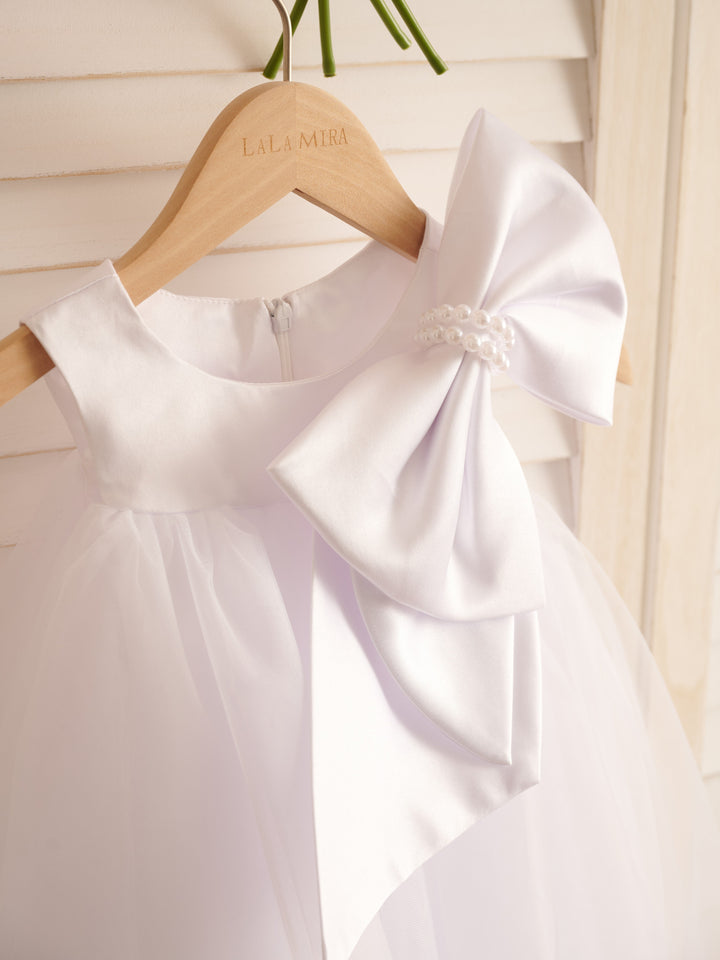 Robe de Demoiselle D'Honneur en Tulle à Gros Nœud, Coupe Trapèze, Longueur Thé, pour Petite Fille