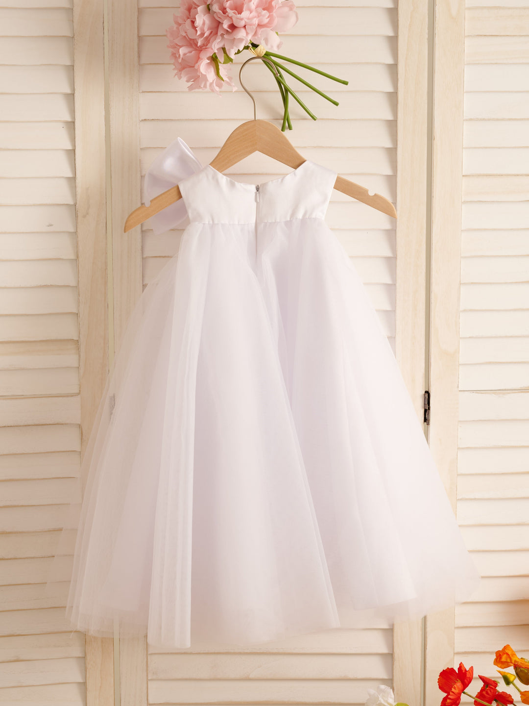 Robe de Demoiselle D'Honneur en Tulle à Gros Nœud, Coupe Trapèze, Longueur Thé, pour Petite Fille