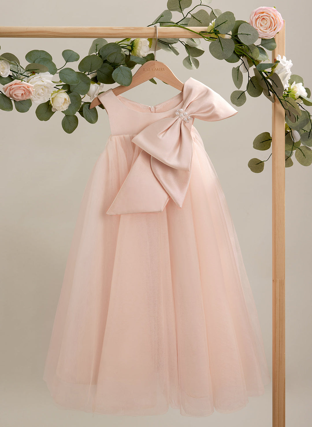Robe de Demoiselle D'Honneur en Tulle à Gros Nœud, Coupe Trapèze, Longueur Thé, pour Petite Fille