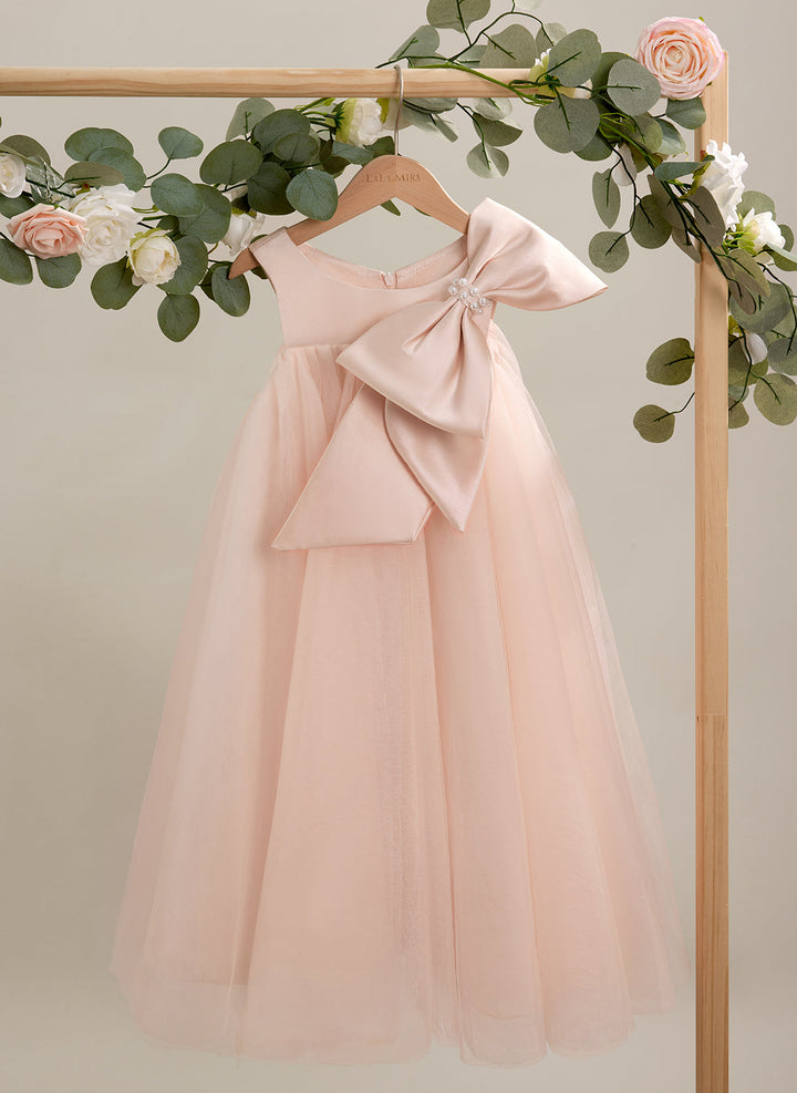Robe de Demoiselle D'Honneur en Tulle à Gros Nœud, Coupe Trapèze, Longueur Thé, pour Petite Fille