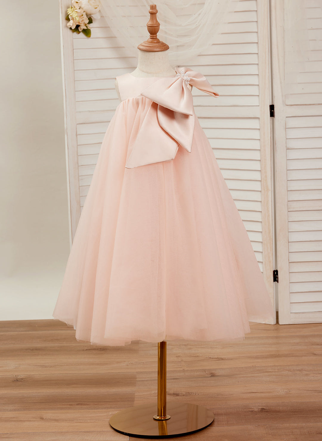 Robe de Demoiselle D'Honneur en Tulle à Gros Nœud, Coupe Trapèze, Longueur Thé, pour Petite Fille