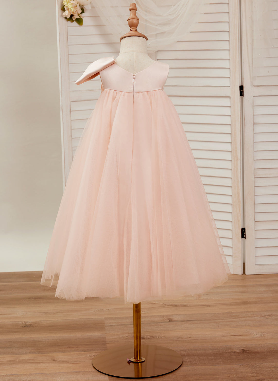 Robe de Demoiselle D'Honneur en Tulle à Gros Nœud, Coupe Trapèze, Longueur Thé, pour Petite Fille