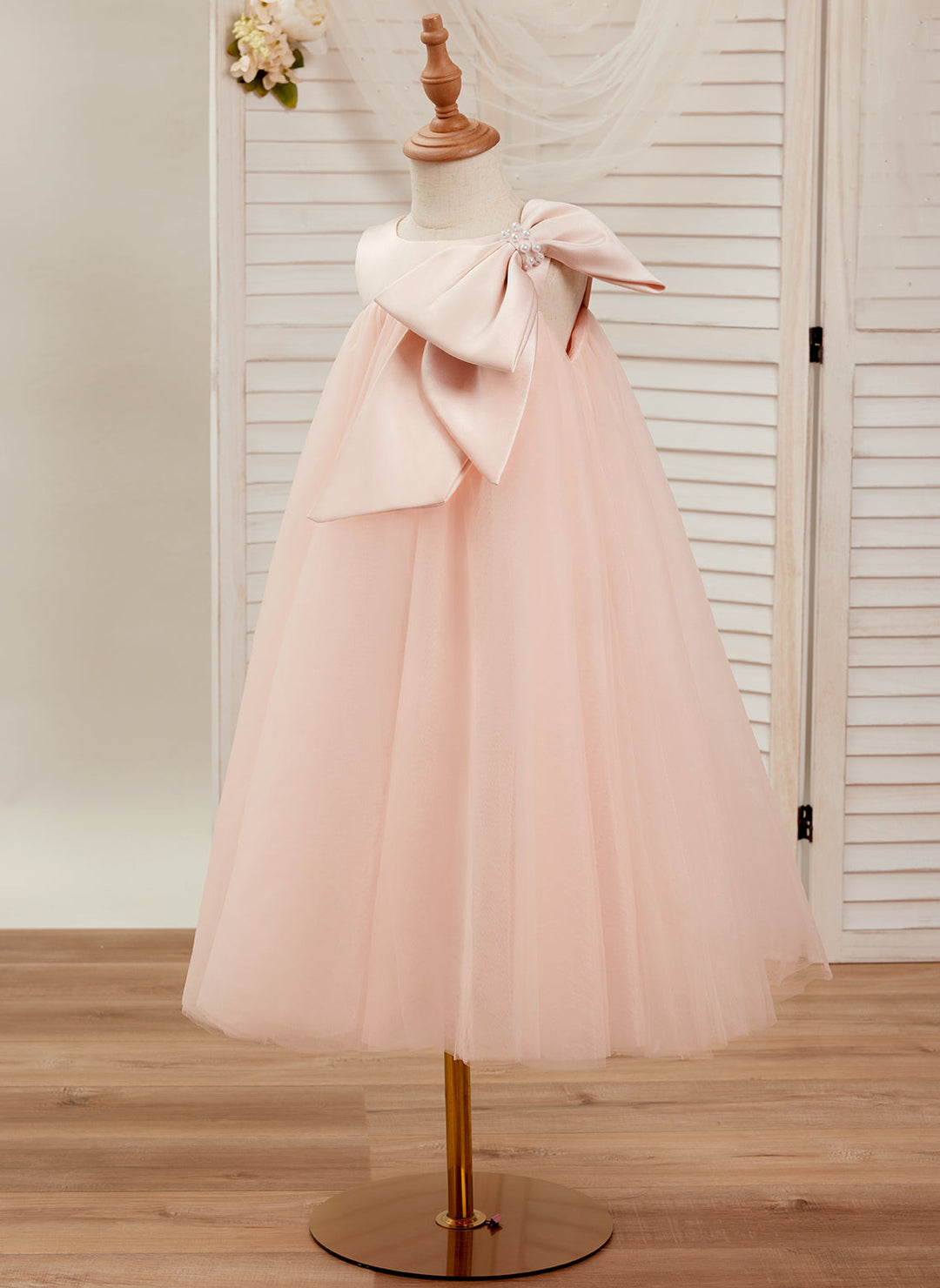 Robe de Demoiselle D'Honneur en Tulle à Gros Nœud, Coupe Trapèze, Longueur Thé, pour Petite Fille