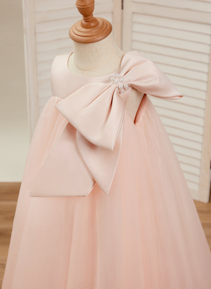 Robe de Demoiselle D'Honneur en Tulle à Gros Nœud, Coupe Trapèze, Longueur Thé, pour Petite Fille