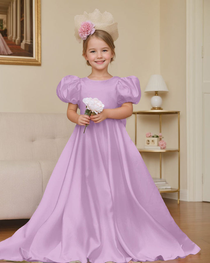Robe de Demoiselle D'Honneur à Manches Bouffantes, Nœud, Bouton Au Dos, Traîne