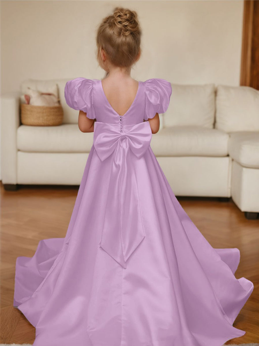 Robe de Demoiselle D'Honneur à Manches Bouffantes, Nœud, Bouton Au Dos, Traîne