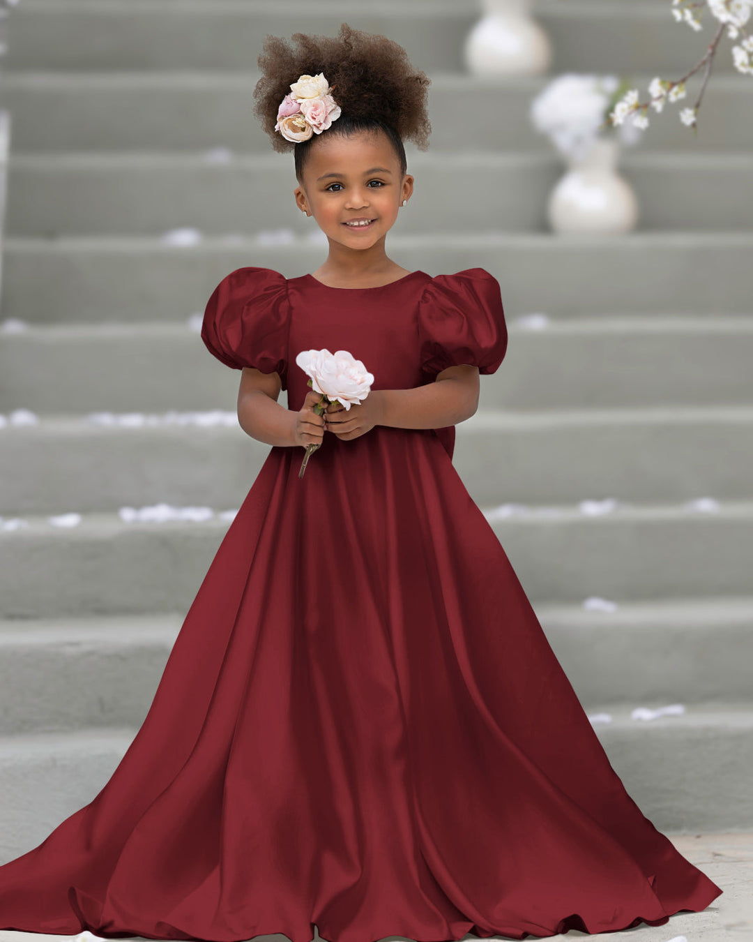 Robe de Demoiselle D'Honneur à Manches Bouffantes, Nœud, Bouton Au Dos, Traîne