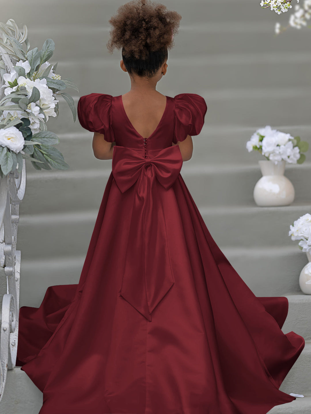 Robe de Demoiselle D'Honneur à Manches Bouffantes, Nœud, Bouton Au Dos, Traîne