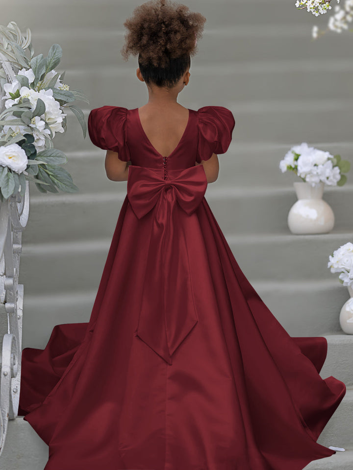 Robe de Demoiselle D'Honneur à Manches Bouffantes, Nœud, Bouton Au Dos, Traîne