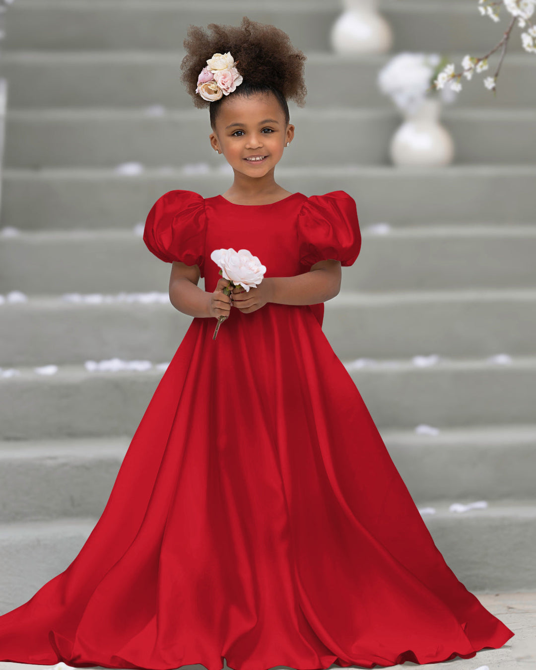 Robe de Demoiselle D'Honneur à Manches Bouffantes, Nœud, Bouton Au Dos, Traîne