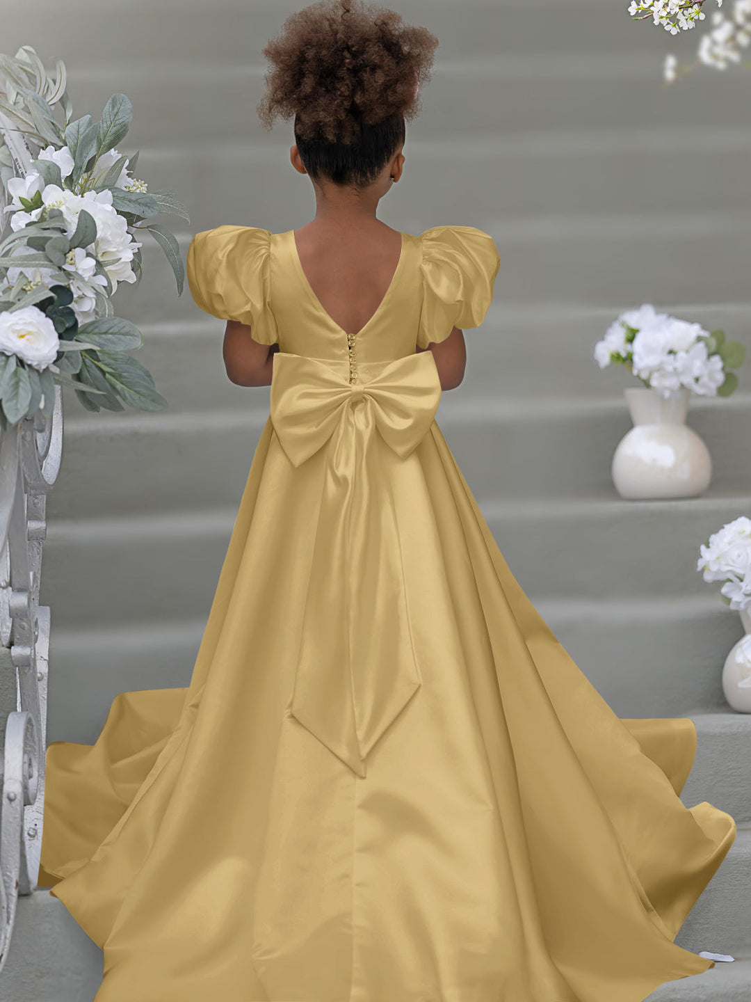 Robe de Demoiselle D'Honneur à Manches Bouffantes, Nœud, Bouton Au Dos, Traîne