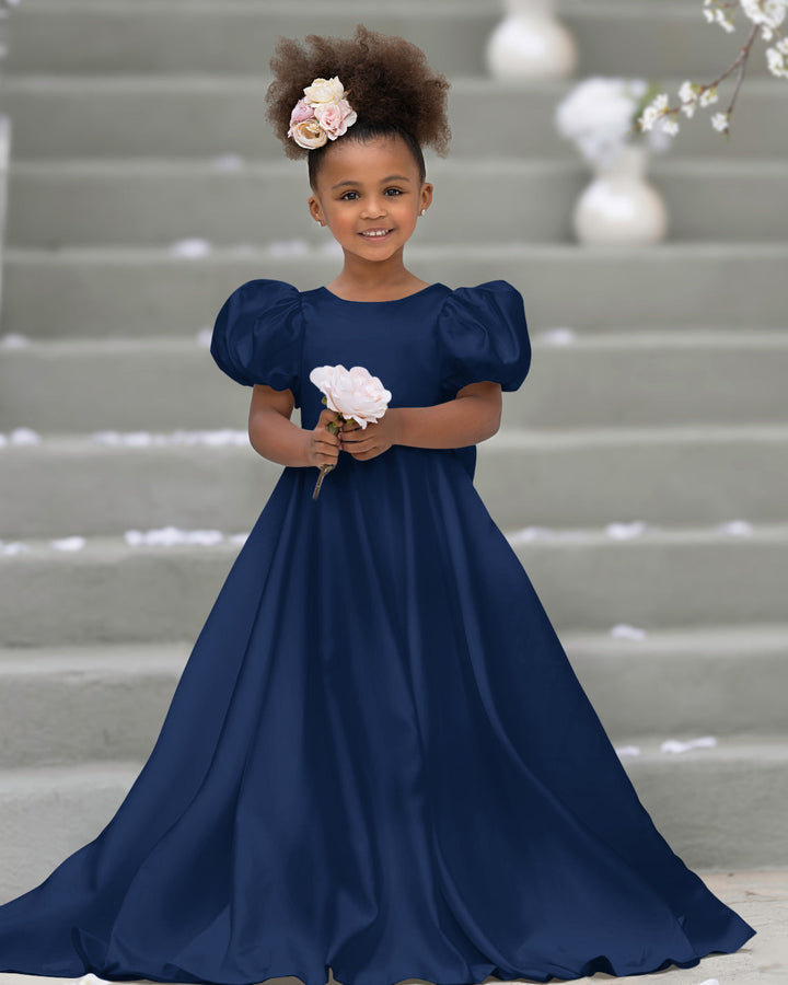 Robe de Demoiselle D'Honneur à Manches Bouffantes, Nœud, Bouton Au Dos, Traîne