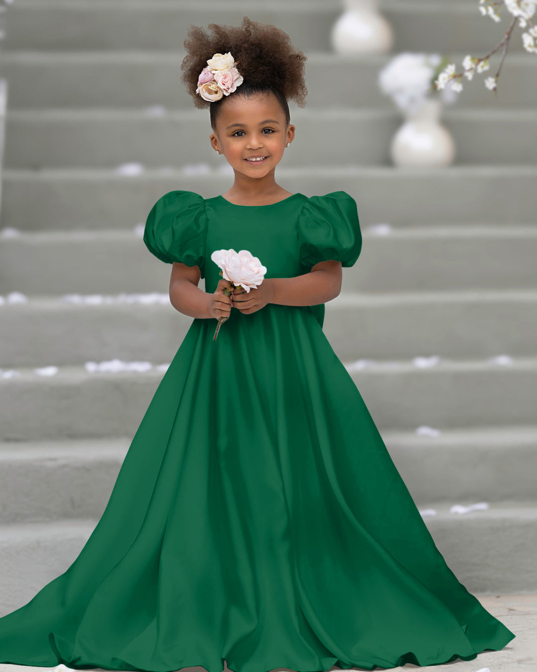 Robe de Demoiselle D'Honneur à Manches Bouffantes, Nœud, Bouton Au Dos, Traîne