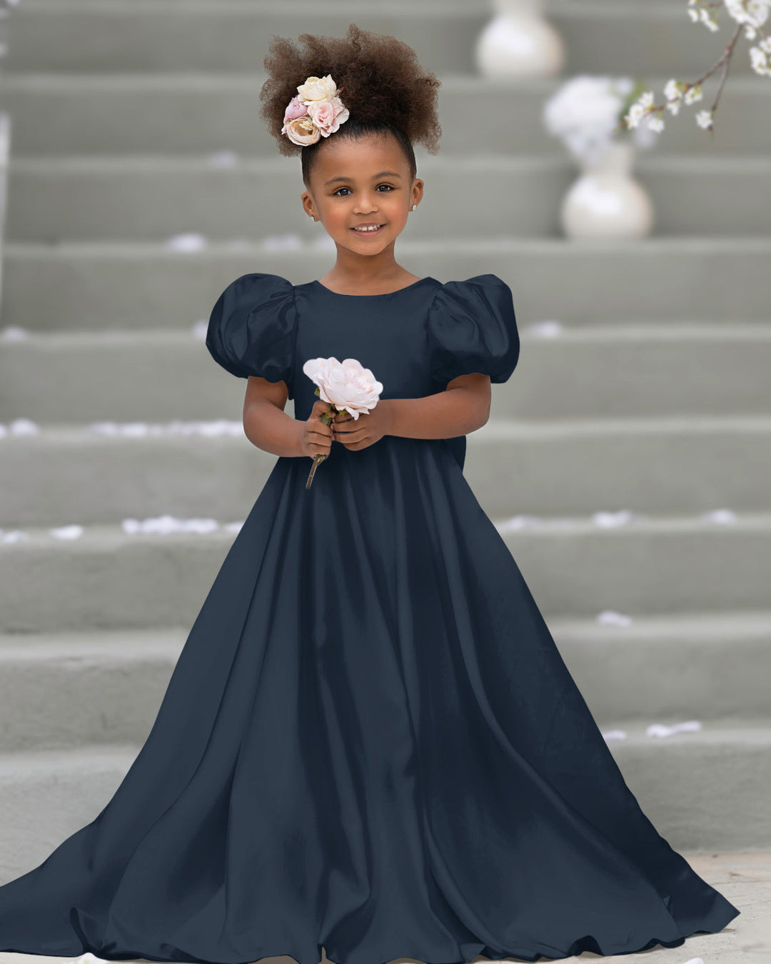 Robe de Demoiselle D'Honneur à Manches Bouffantes, Nœud, Bouton Au Dos, Traîne