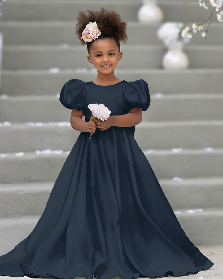 Robe de Demoiselle D'Honneur à Manches Bouffantes, Nœud, Bouton Au Dos, Traîne