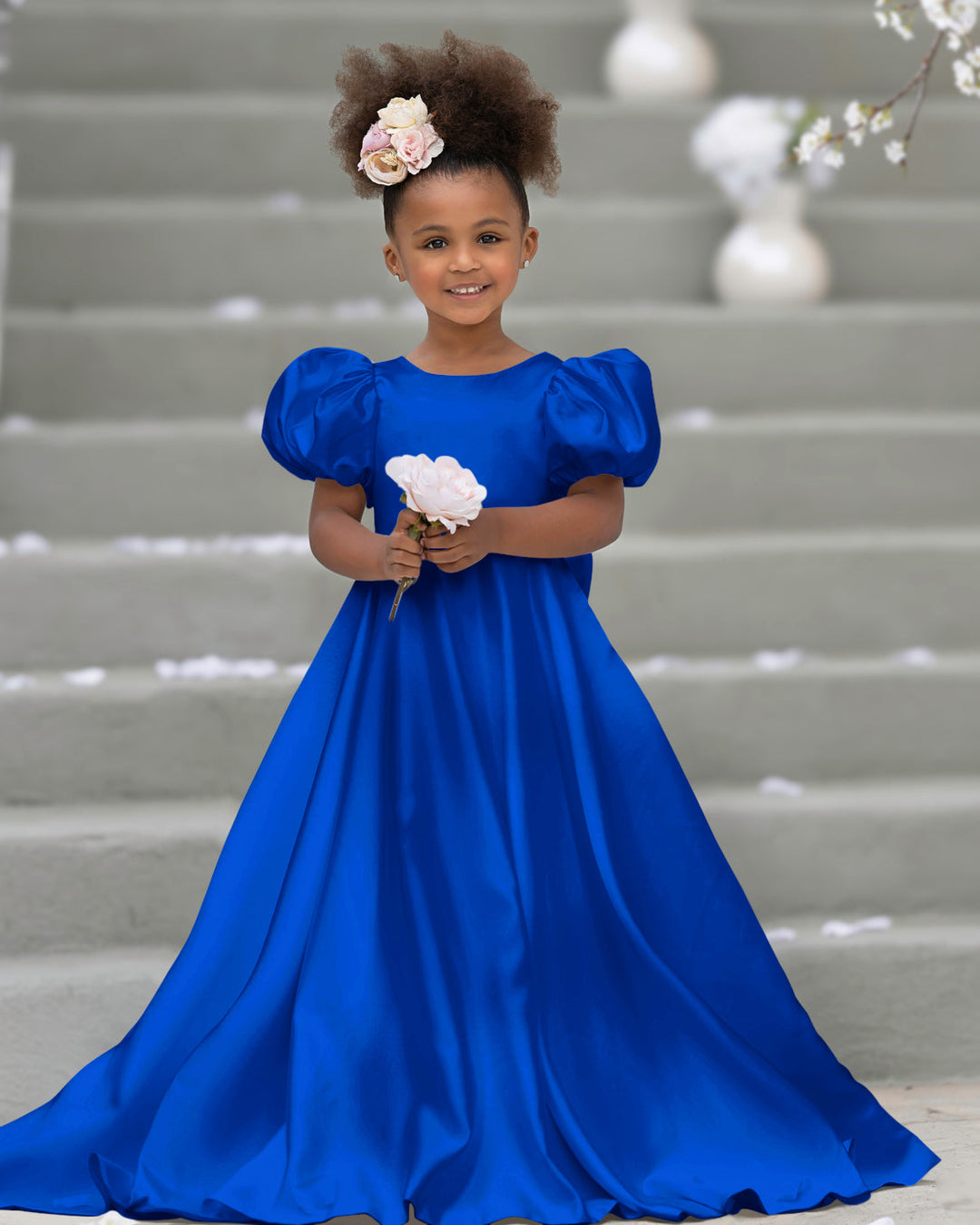 Robe de Demoiselle D'Honneur à Manches Bouffantes, Nœud, Bouton Au Dos, Traîne