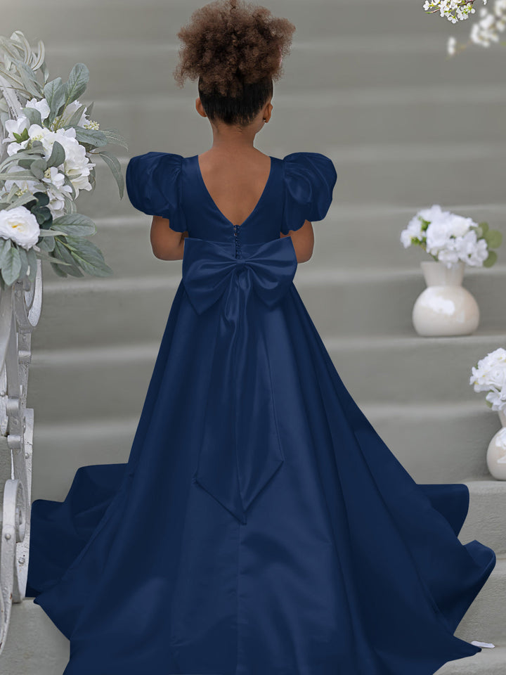 Robe de Demoiselle D'Honneur à Manches Bouffantes, Nœud, Bouton Au Dos, Traîne