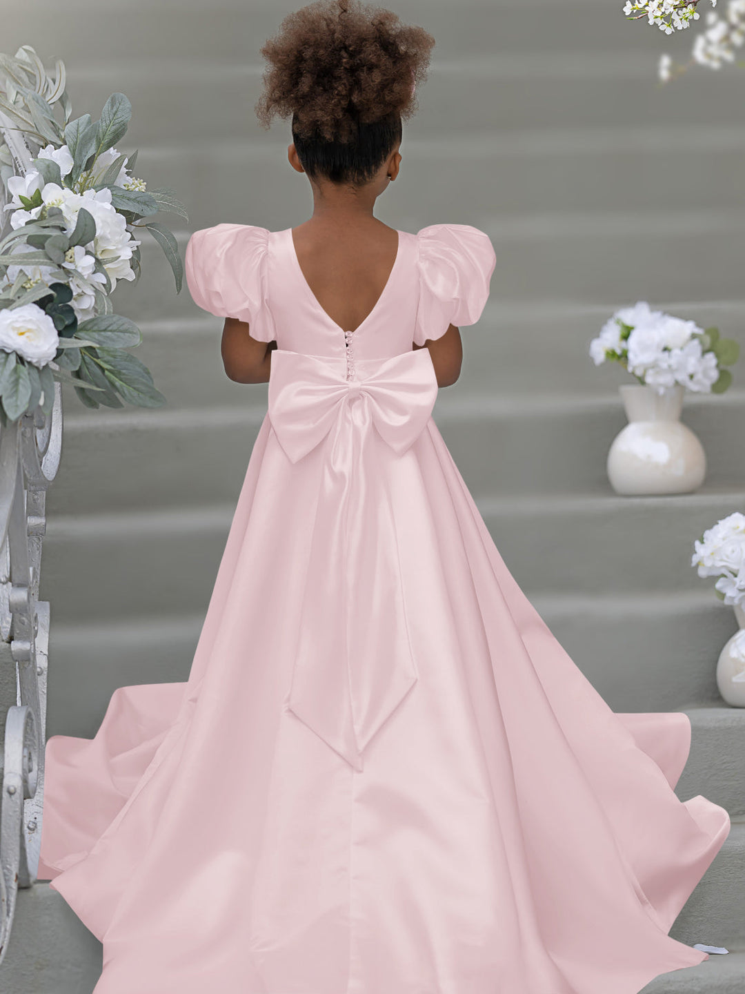 Robe de Demoiselle D'Honneur à Manches Bouffantes, Nœud, Bouton Au Dos, Traîne