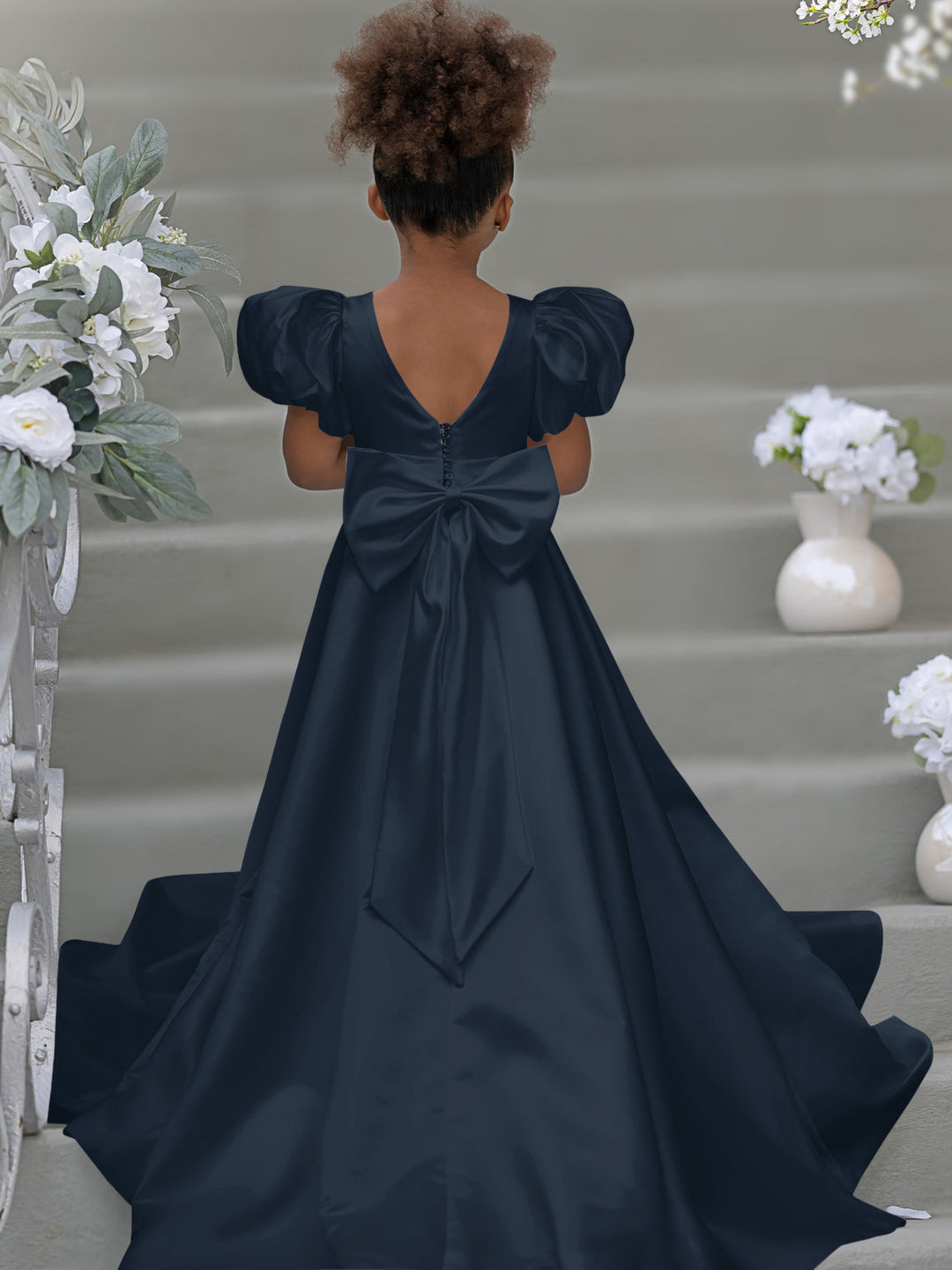 Robe de Demoiselle D'Honneur à Manches Bouffantes, Nœud, Bouton Au Dos, Traîne