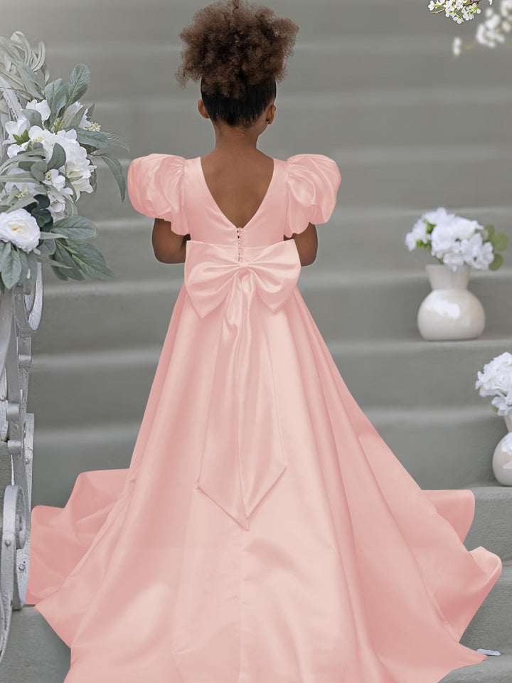 Robe de Demoiselle D'Honneur à Manches Bouffantes, Nœud, Bouton Au Dos, Traîne