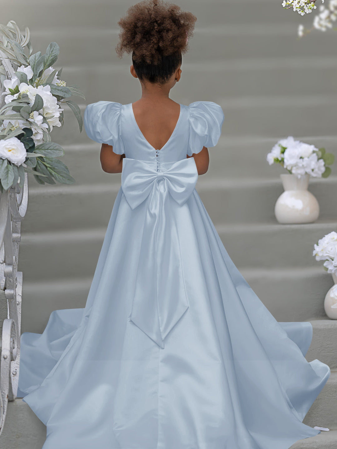 Robe de Demoiselle D'Honneur à Manches Bouffantes, Nœud, Bouton Au Dos, Traîne